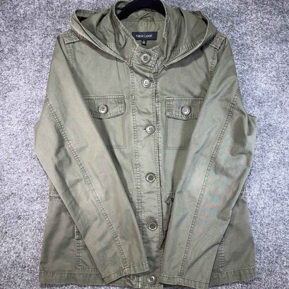New Look Utility Field Jacket Womens Large Green Hooded Cotton Military Coat